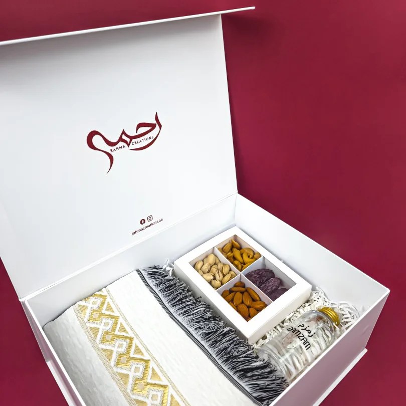 Hajj Edition Gift Box – Prayer Matt + Small Mix Nuts Box + Empty Bottle for ZamZam — Hajj Edition Gift Box – Prayer Matt + Small Mix Nuts Box + Empty Bottle for ZamZam — ready-made or custom-branded with your logo, delivered across Dubai & the U
