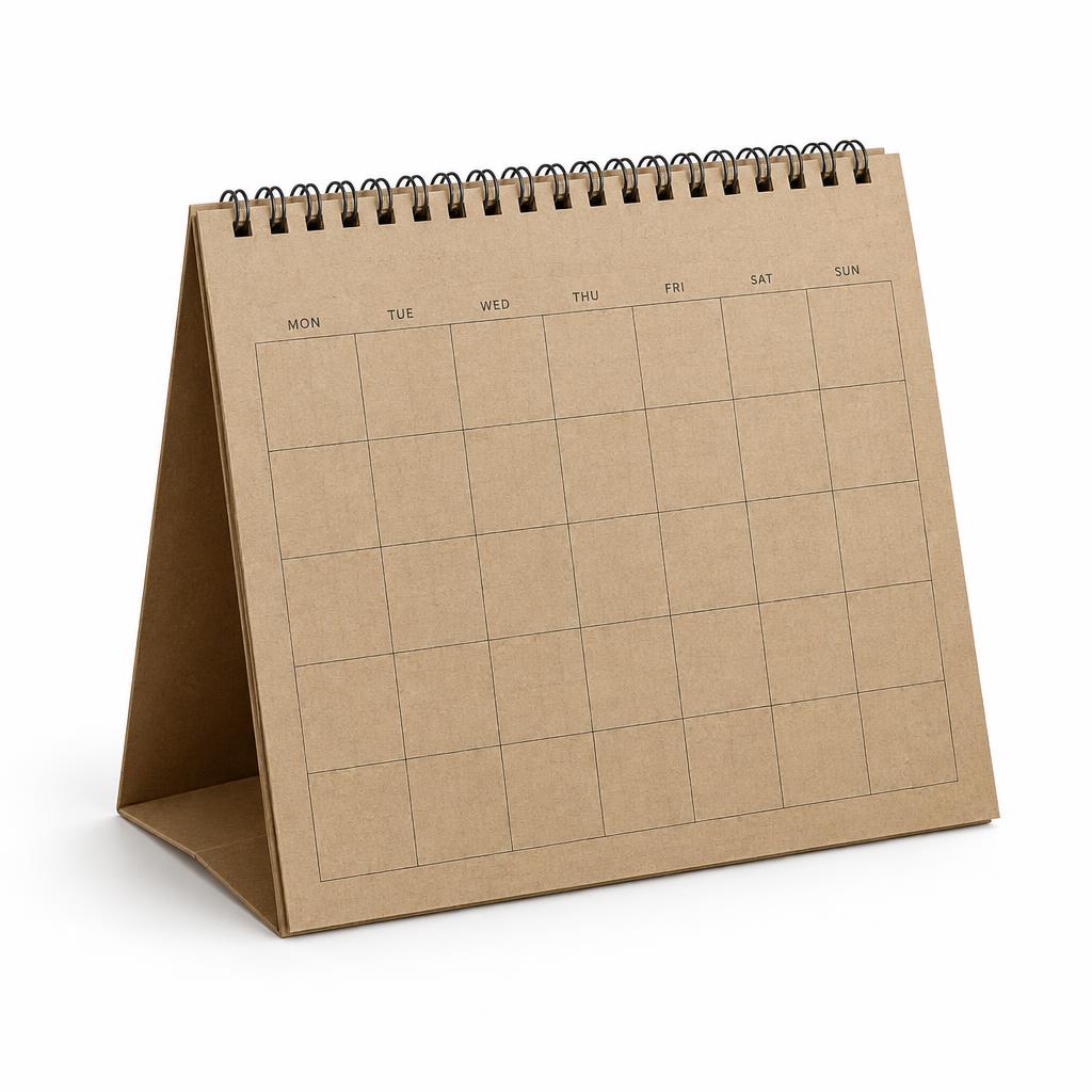 Brown Craft Recycled Card Table Top A5 Calendars — Brown Craft Recycled Card Table Top A5 Calendars branded to your artwork — 130gsm gloss art paper options, matt lamination and full colour matching, produced in Dubai.