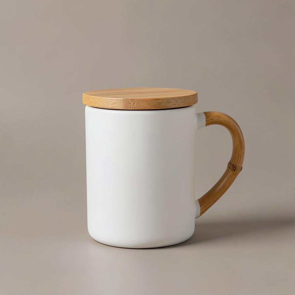 Ceramic Mug With Bamboo Lid — Matte ceramic mug with bamboo lid and handle.