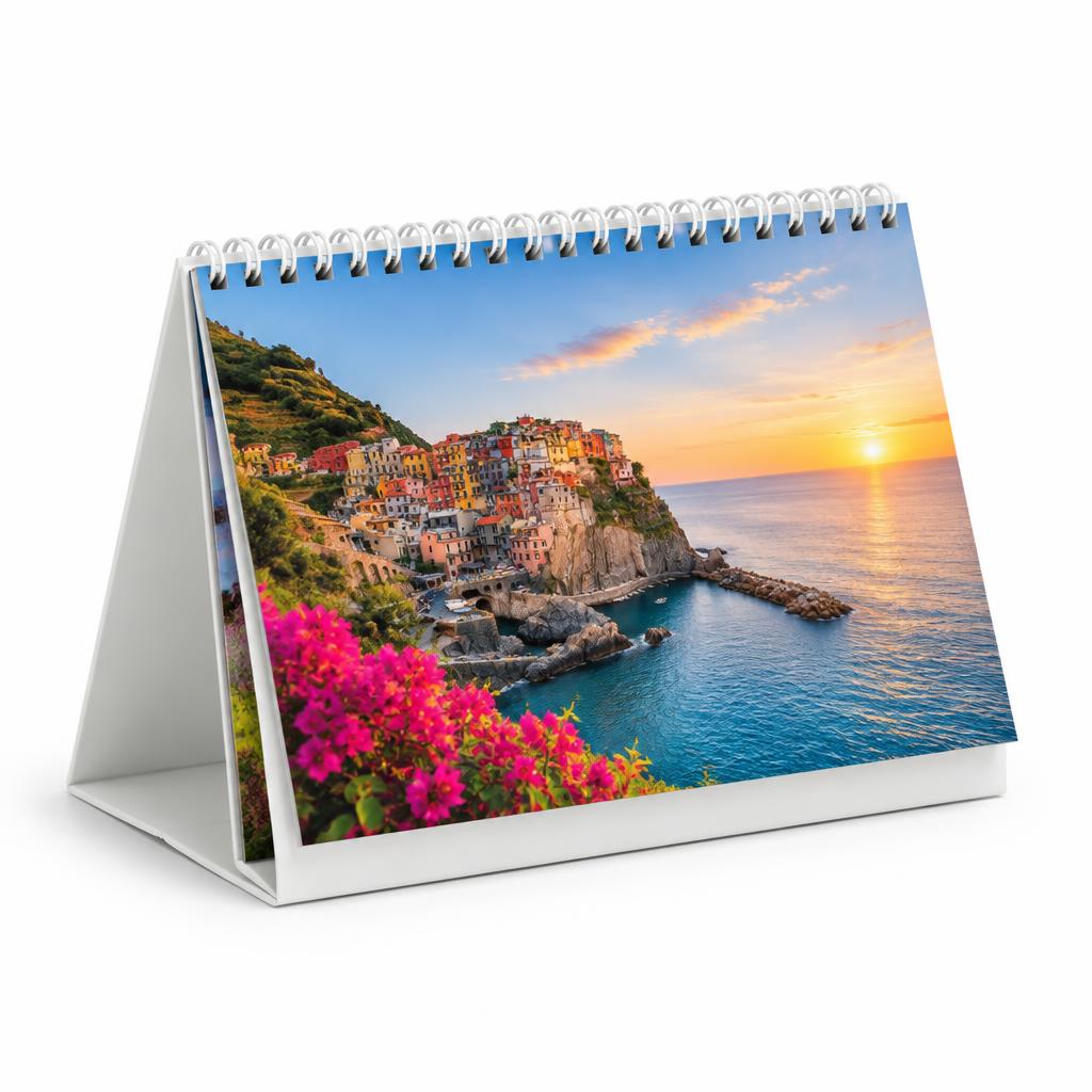 Table Top Calendar — Table Top Calendar branded to your artwork — 130gsm gloss art paper options, matt lamination and full colour matching, produced in Dubai.