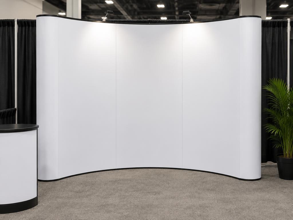 Vinyl Pop-Up Stand – Curved — Vinyl Pop-Up Stand – Curved in Dubai — curved pop-up exhibition wall with magnetic vinyl panels that clip onto a folding lattice frame.